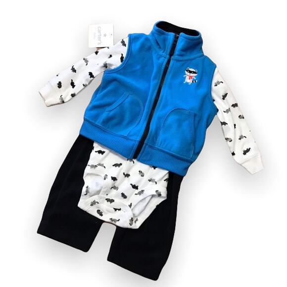 Carter's Boys Outfit Size 6 Months Raccoon Fleece 3 Pc Set Blue Gray Bodysuit - Picture 1 of 4